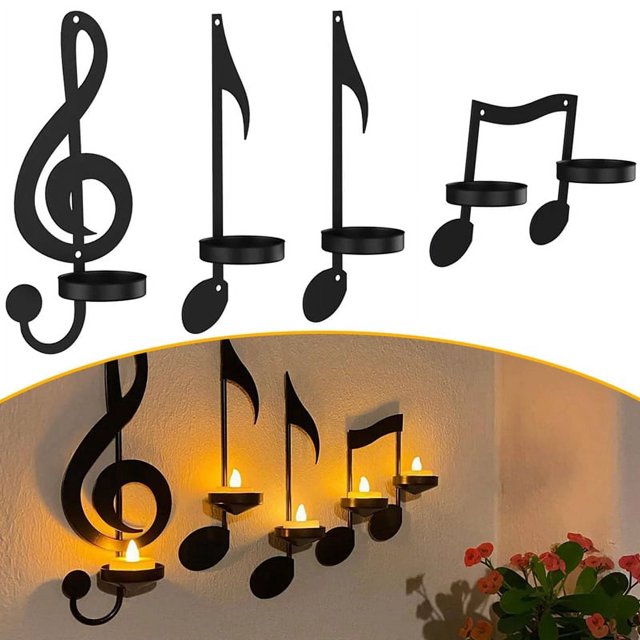 Candelabro de 2 piezas con nota musical, candelabro de pared con nota musical de color negro, candelabros de estilo vintage con nota musical de hierro