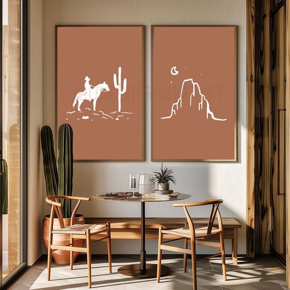 UNFFRAMED Cowboy Desert Poster Set, Minimalist Western Wall Art Set 2 Prints 8x12