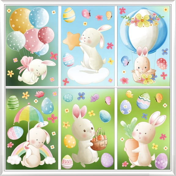 Easter Window Clings, 6 Sheets Cute Easter Cartoon Bunny Egg Window Stickers Decals, Large Double Sided Spring Cling Decorations for Home Office School Shop Glass Display Party Supplies