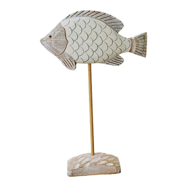 Escultura de pez de madera sobre soporte, colección de decoración náutica, estante de regalo, estatua de escritorio Blanco