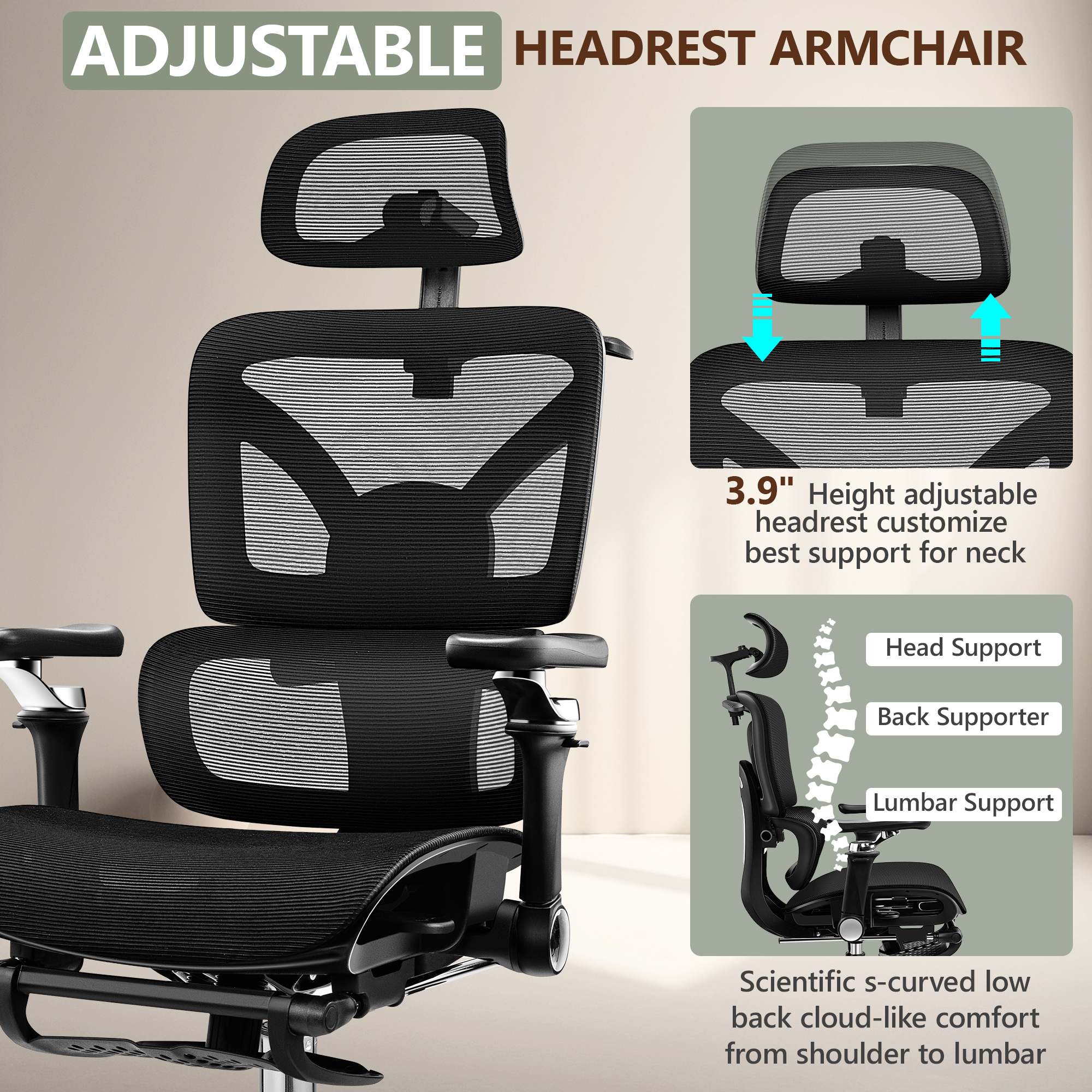 COOLHUT Ergonomic Mesh Office Chair with Footrest, Big and Tall Computer Desk Chair with Adjustable 6D Armrest, Lumbar Support and Headrest High Back Home Office Chair for Workspace, Gaming, Black