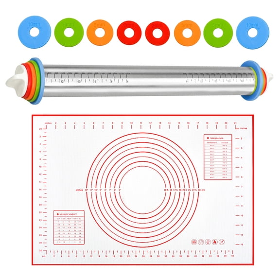 Rolling Pin and Silicone Baking Pastry Mat Set, Non-Stick Stainless Steel Dough Roller with Silicone Removable Rings, Kitchen Bake Tools for Pizza, Pie, Pastries, Pasta, Cookies