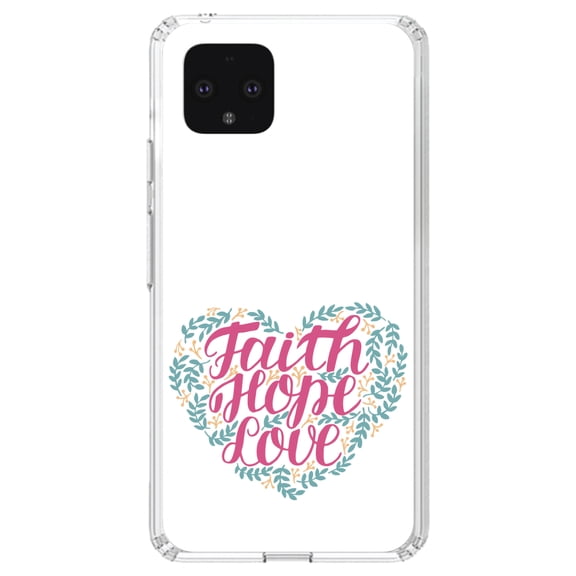 DistinctInk Clear Shockproof Hybrid Case for Google Pixel 4 XL (6.3" Screen) - TPU Bumper, Acrylic Back, Tempered Glass Screen Protector - Faith / Hope / Love - Floral