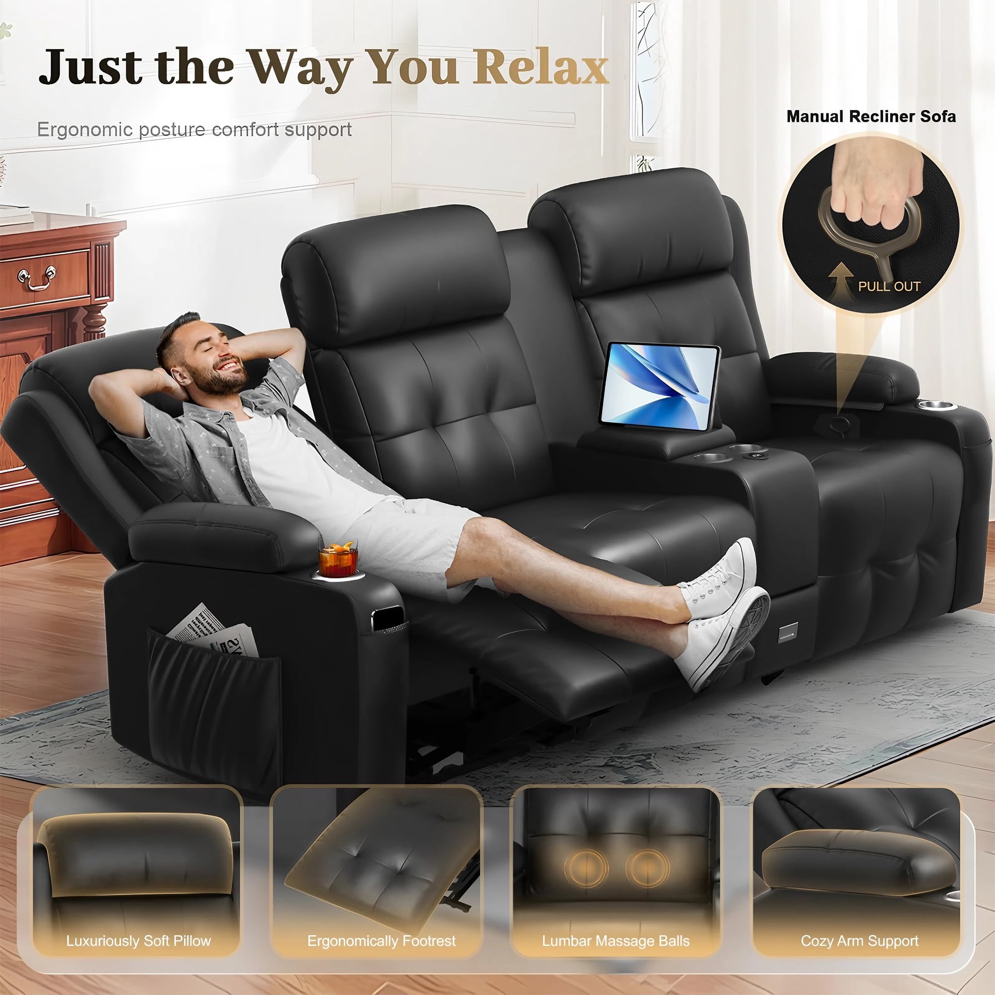 LOBERFVE Recliner Sofa, Massage Reclining 3 Seater Sofa Sets, RV Loveseat Recliner with Console, USB, Type C Port, Storage, Cup Holders, Wall Hugger Chair for Living Room, Black