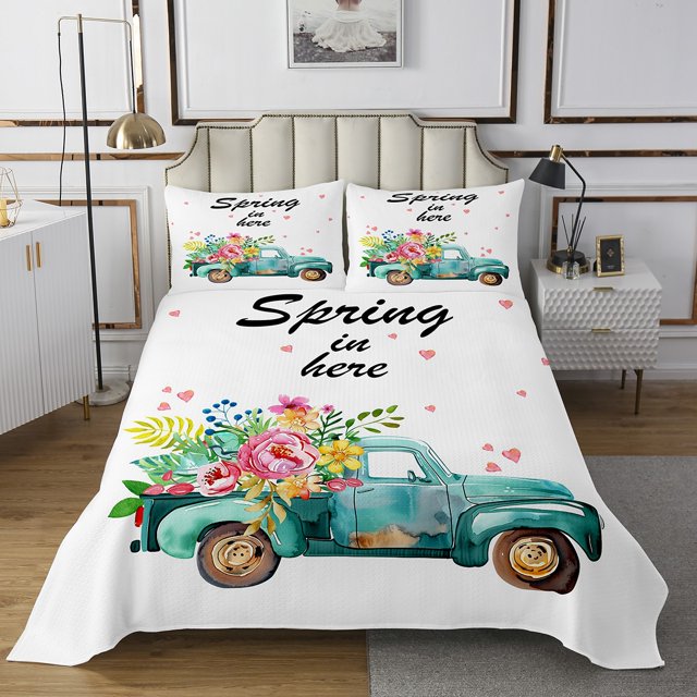 Erosebridal Spring Flower Coverlet Set Twin, Happy Camping Bedding Set, Cartoon Floral Truck Decor, 2pcs
