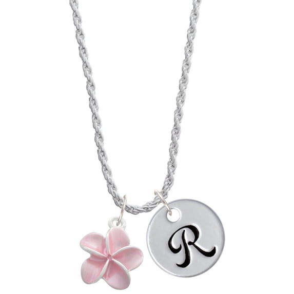Delight Jewelry Silvertone Pink Plumeria Flower Silvertone Script Initial Disc - R - Charm Necklace, 20"+3"