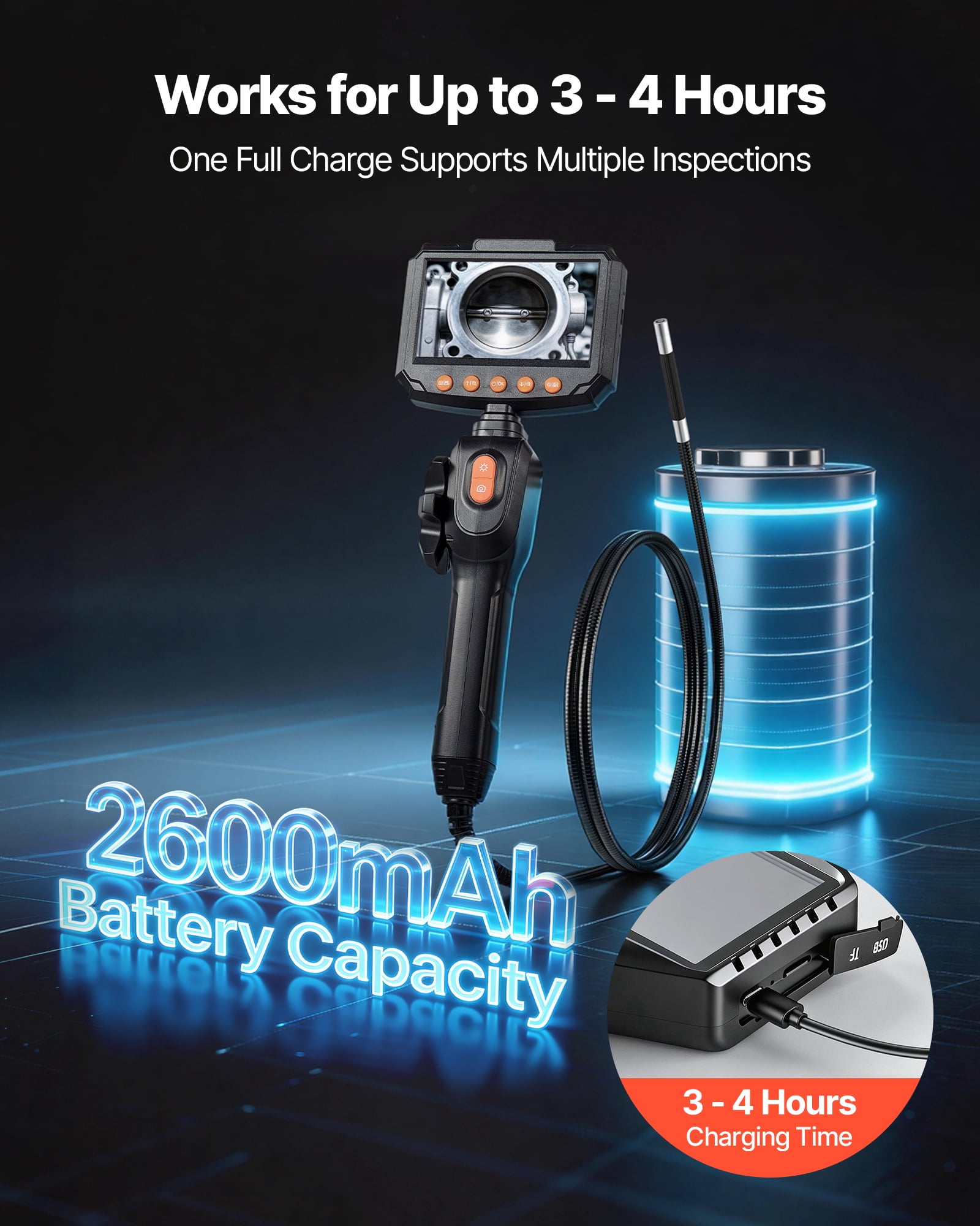 VEVOR Articulating Borescope Camera with Light, Two-Way Articulated Endoscope, 0.24" Slim Lens, 4.3" IPS Screen, 8X Zoom, IP67 Waterproof Inspection Camera for Auto, Mechanical Equipment(4.9FT Cable)