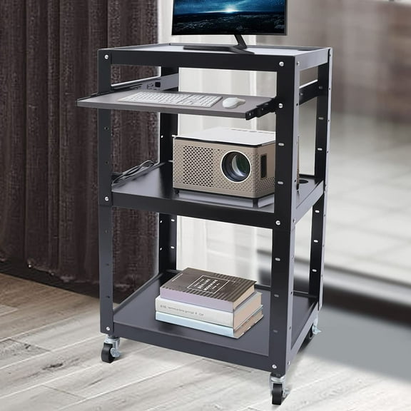 Fichiouy AV Cart Height Adjustable 4 Tiers Media Cart w/ Wheels Keyboard Tray Home Office