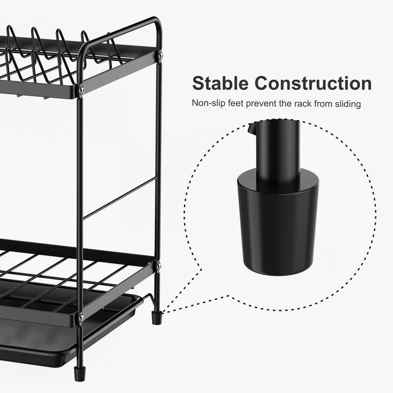 Dish Drying Rack, iSPECLE 2 Tier Dish Rack with Drainer Board with Utensil  & Cup Holder, Black