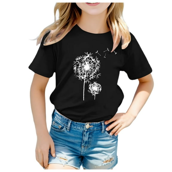 Hiijoy Toddler Girls Graphic T-Shirt Dandelion Print Short Sleeve T Shirt, Sizes 1-13