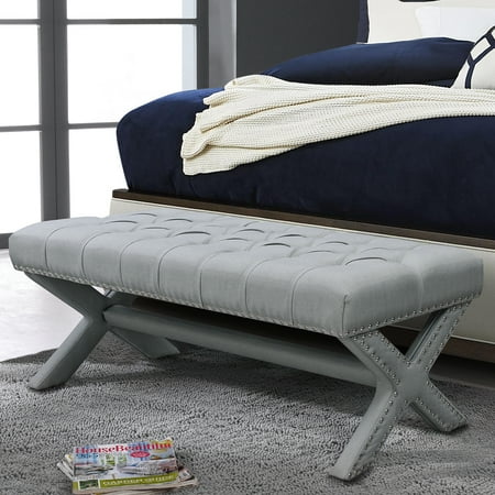 Lila Light Grey Linen X Leg Bench Button Tufted Silver 