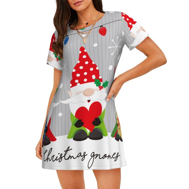 Fotbe Merry Christmas Gnome1 Bata de Dormir para Mujer con Estampado, Camisón de Algodón de Manga Corta, Ropa de Dormir Casual