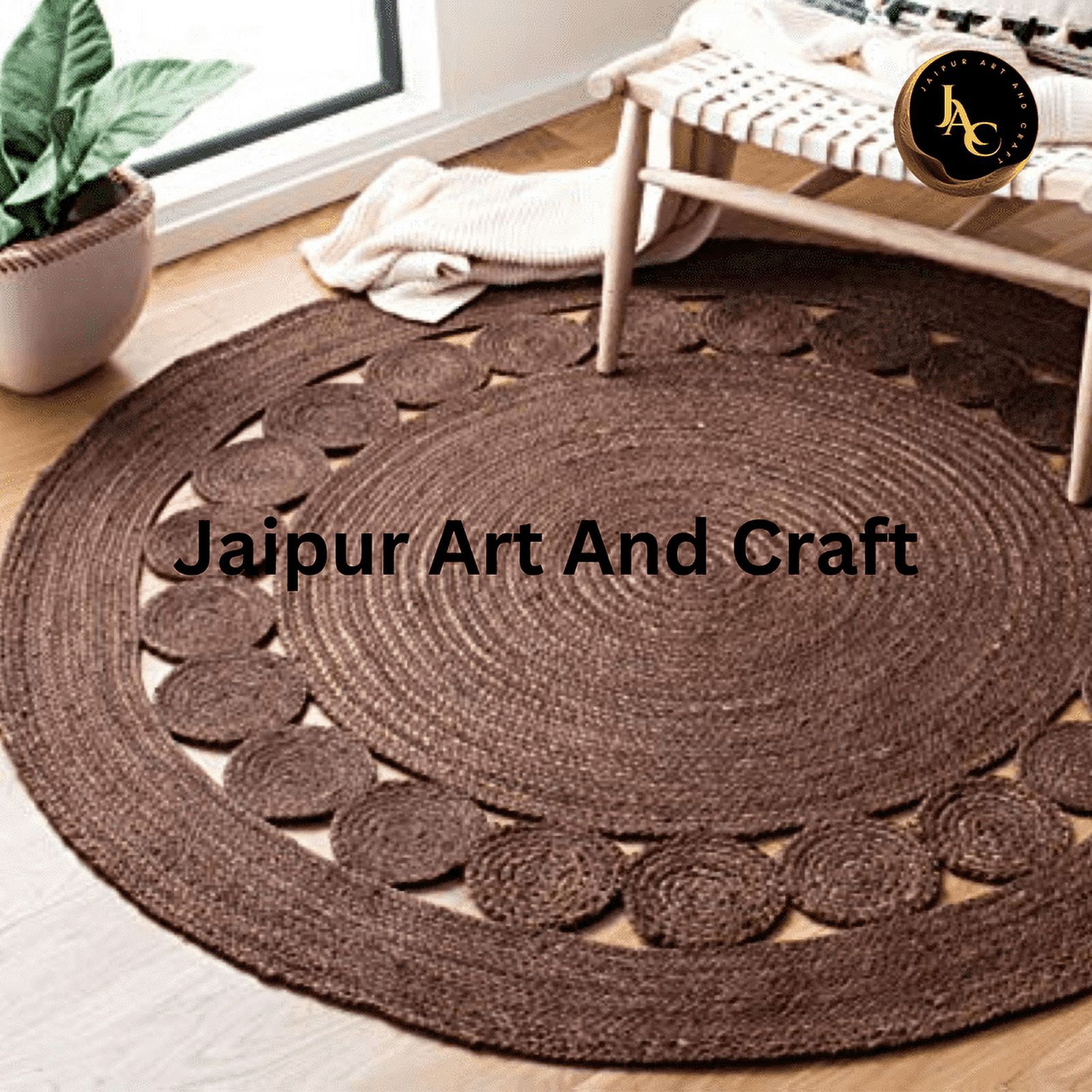 Jaipur Art And Craft Hand Braided Bohemian Jute Area Rug Brown Round Indian Reversible Indoor Carpet (8x8 Sq Ft)