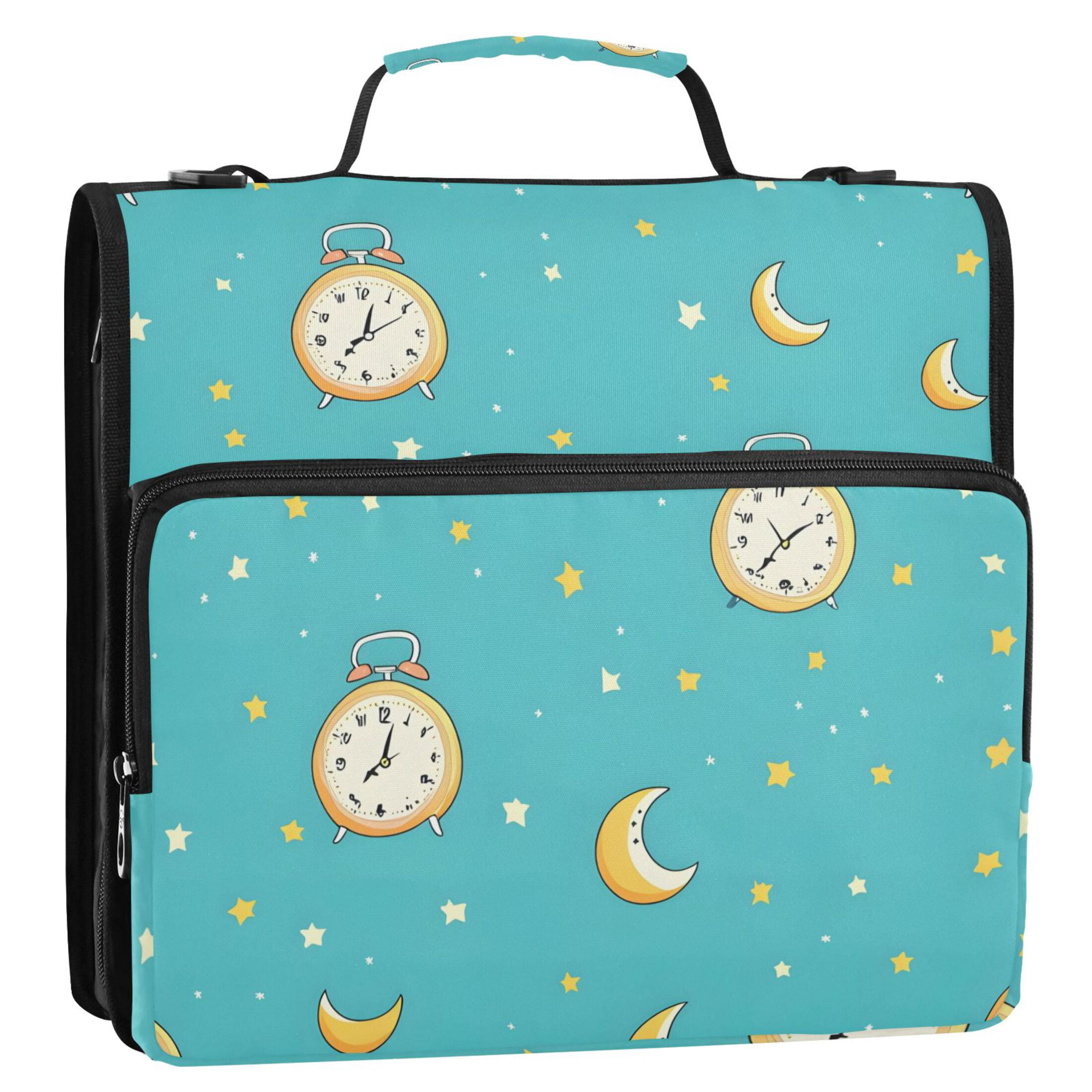 3 Ring Zipper Binder with Shoulder Strap Waterproof Trapper Keeper 2 Inch D-Ring 500 Sheets Capacity Clock Moon Star