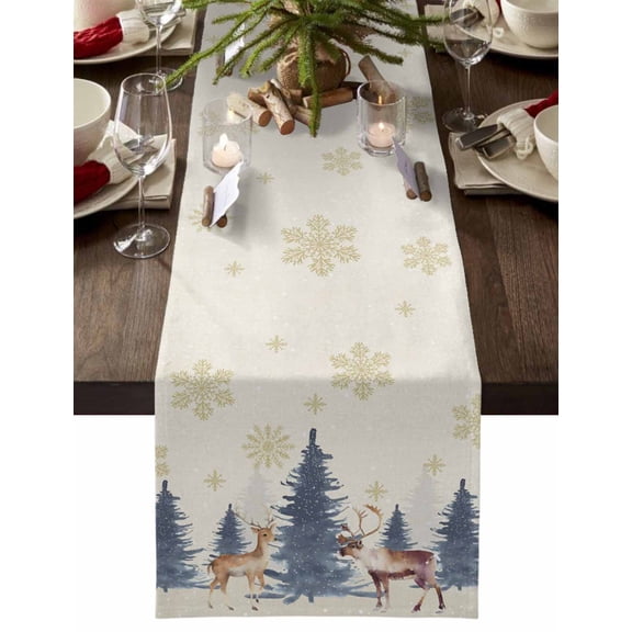 Christmas Table Runner Reindeer Elk Deer Table Runners Christmas Tree Gold Snowflake Cotton Linen Dresser Scarf Kitchen Dining Table Decor for Christmas Holiday Party Decor 13x90 Inch