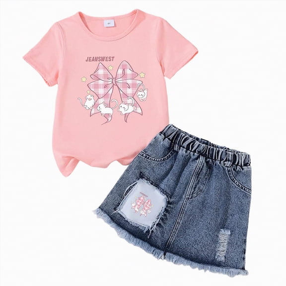 TOWED22 Girls 2-Piece Set Crew Neck Bow Short Sleeve T-Shirt A-Line Jean Skirt Outfits Clothing Sets(H,4-5 Y)
