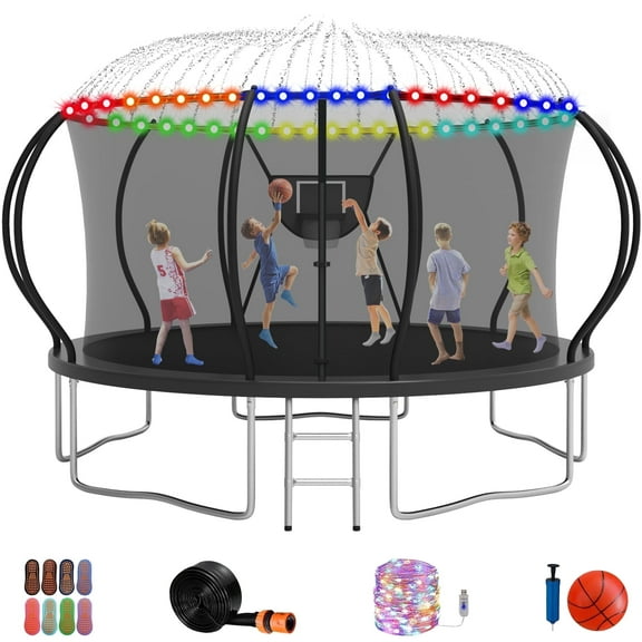 Jump Into Fun Trampoline 14FT 10FT 12FT 16FT 1400LBS Trampoline for Adults and Kids, Trampoline with Enclosure, Basketball Hoop, LED Light Sprinkler and More Gifts, Outdoor Pumpkin Trampoline