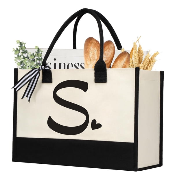 shenee Bolsa de lona con inicial, bolsa de yute de playa personalizada, regalo para mujeres, vacaciones, amigos, regalo de cumpleaños, playa, boda (letra M)