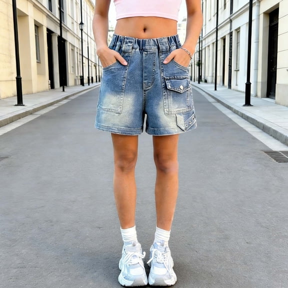 Fnooota Girls Denim Shorts 2026, Stretchy Elastic Waist School Relaxed Fit Jean Shorts Blue Size 7-8