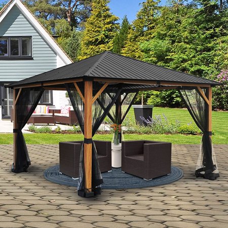 LANTRO JS 12 ft. x 12 ft. Wood Grain Metal Outdoor Patio Gazebo with Metal Roof, Mosquito Netting