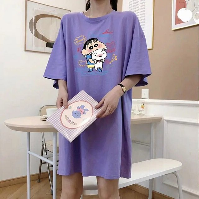 Camisón de Anime Crayon Shin-Chan de dibujos animados coreanos Y2K para chica dulce, vestido de pijama de cuello redondo de algodón holgado a la moda de manga corta para verano