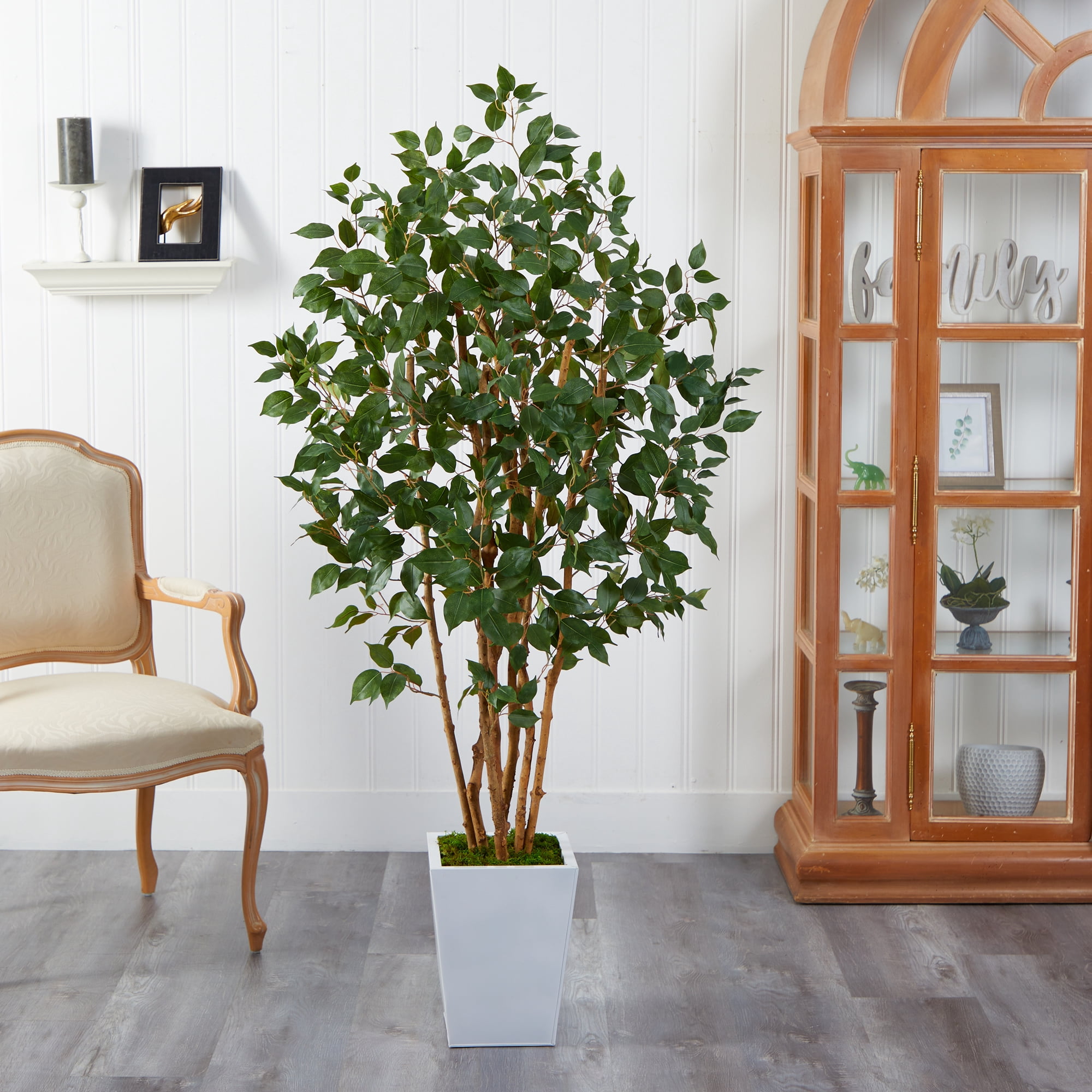 Nearly Natural 5.5' Ficus Bushy Artificial Tree in White Metal Planter
