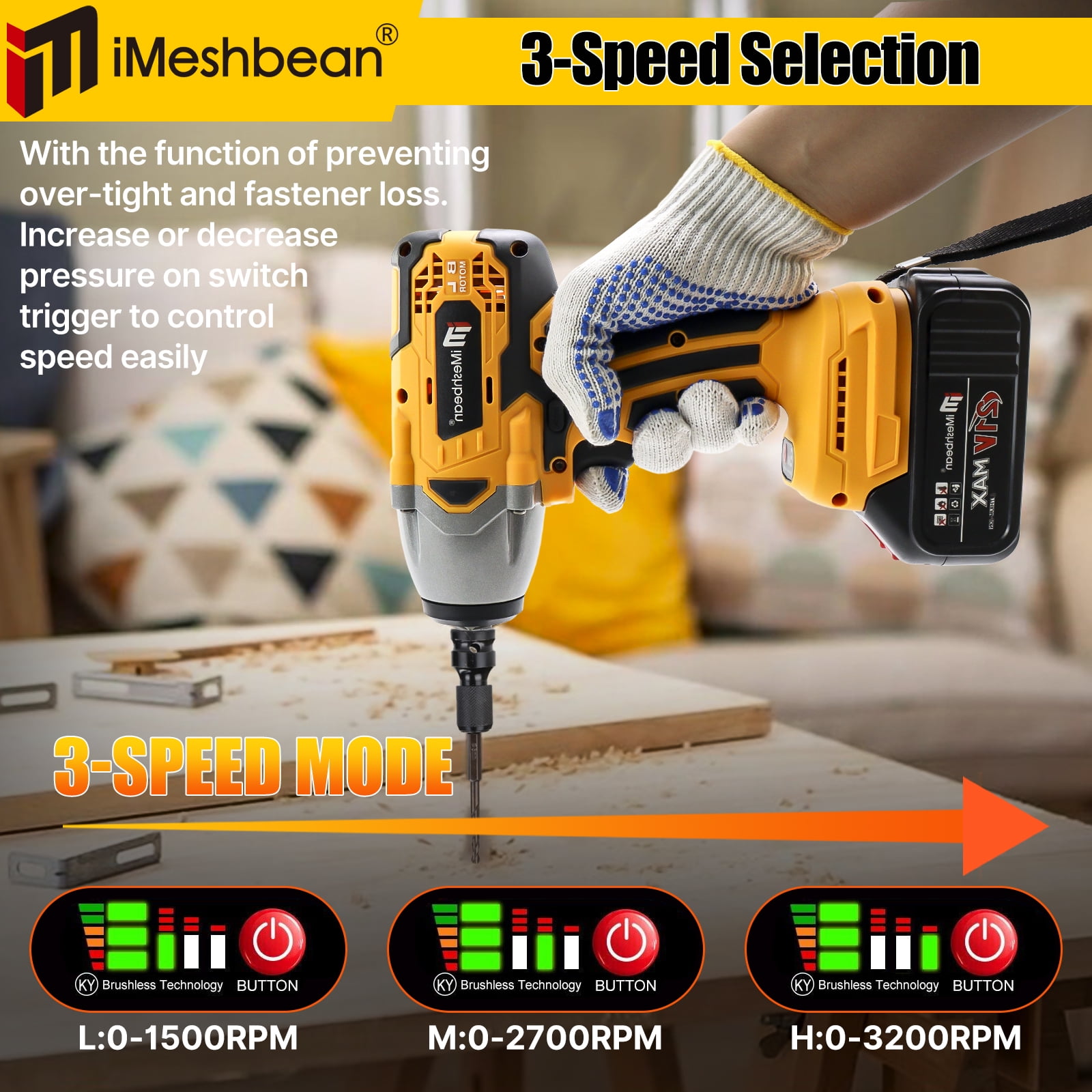 iMeshbean 1/2" Cordless Electric Impact Wrench Brushless Motor High Power Driver W/ 21V Li-ion Battery Fit For Dewalt