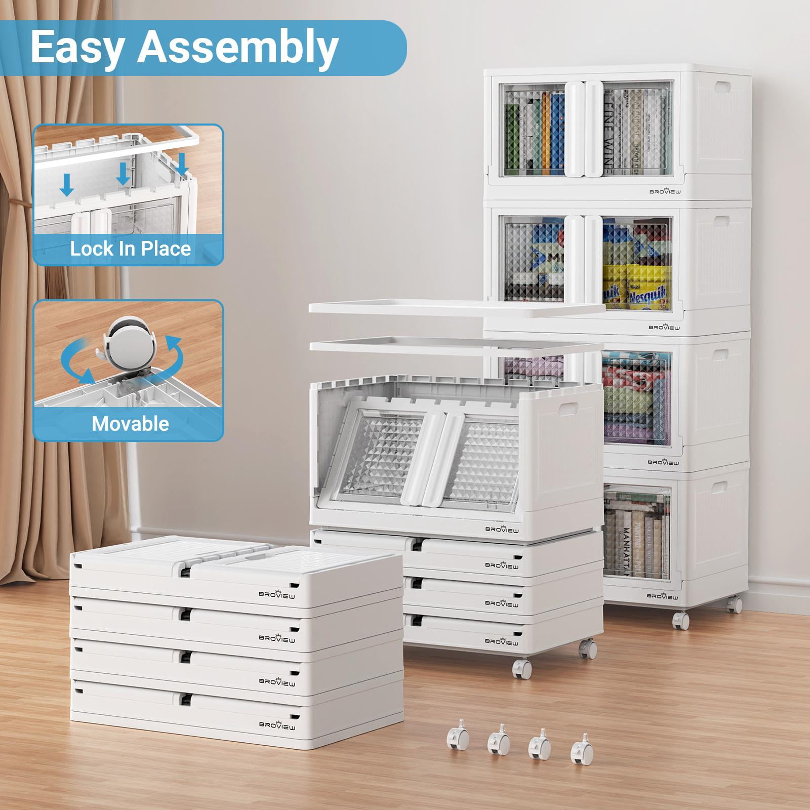 BROVIEW V10 480 Qt Plastic Storage Bins with Lids & Doors, 4 Pack 120Gal Stackable Closet Organizer and Storage Drawers with Wheels, Large Collapsible Storage Boxes, Cabinet for Home, White