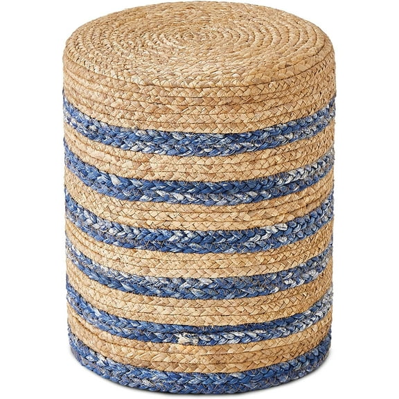 EnjinZZ Ottoman Natural Seagrass Foot Rest Stool Hand Weave Round Foot Stool Pouf Boho Vanity Stools with Non-Skid Mat for Living Room Bedroom Hallway