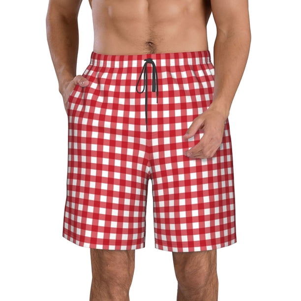 Balery Red Checkboard Traje de Baño Estilo Hawaiano para Hombre, Shorts de Secado Rápido con Bolsillos-XX-Large
