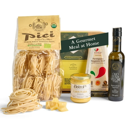 Mercato di Bellina Pasta Alla Carbonara Italian Food Gift Basket - Gourmet Gift Basket With Pici Pasta, Aged Cheese, Pasta Sauce, Ligurian Olive Oil From Italy for Family, Friends, Get Well, Holidays