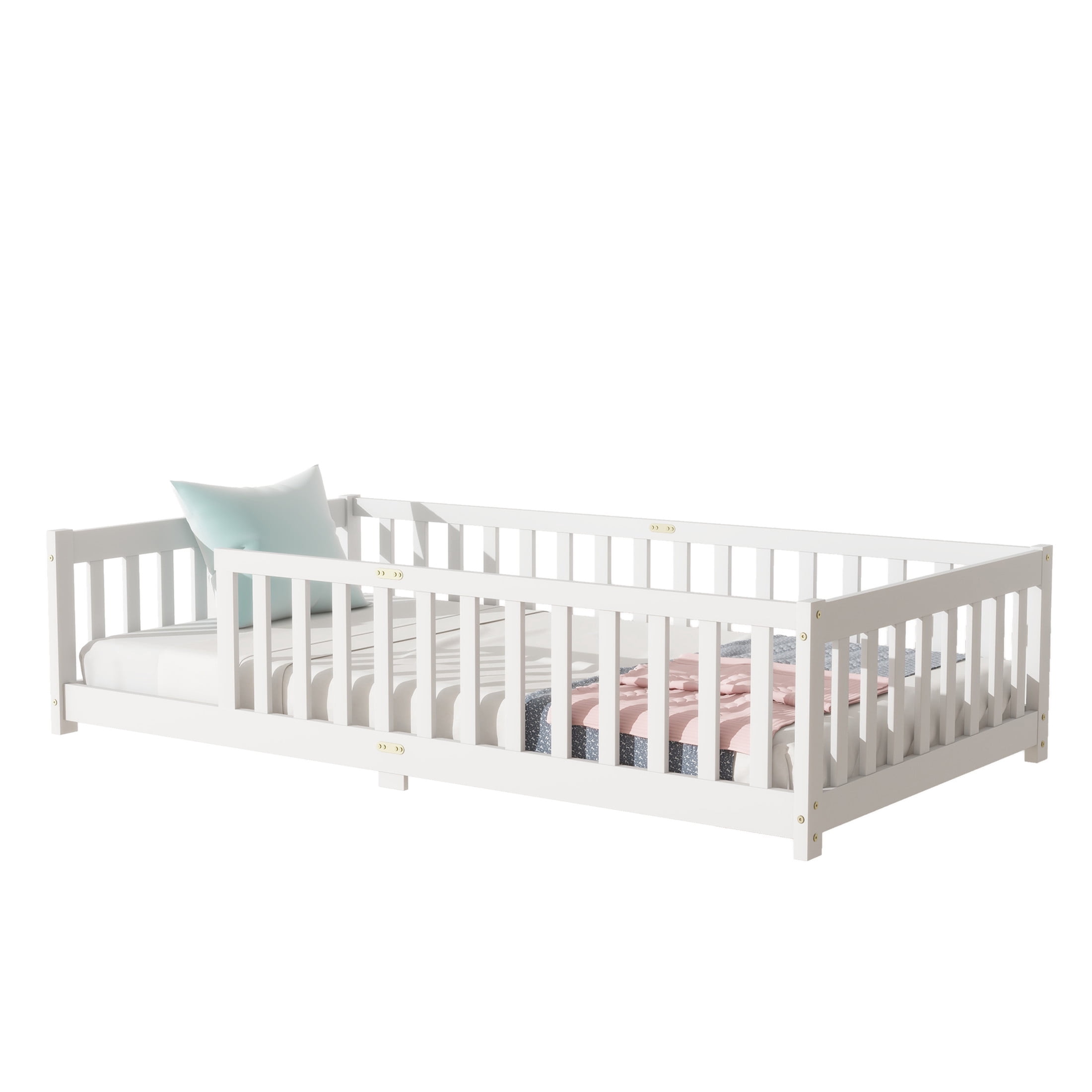 Noble House Erika Twin Floor Bed with Safety Fence, Rubber Wood Montessori Bed Frame, Kid's Room, White