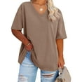 thumbnail image 2 of vigerkar Women's V Neck T Shirts Summer Half Sleeve Tees Casual Loose Fit Cotton Tunic Tops Khaki, S, 2 of 4