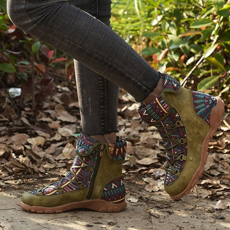 Oyedens Boho Combat Boots for Women Ethnic Vintage Work Ankle
