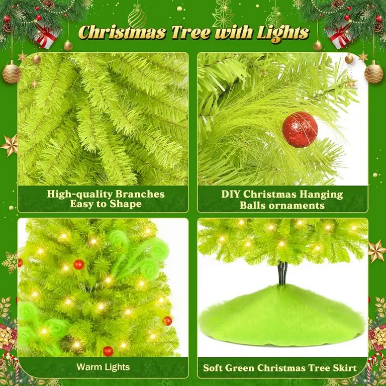 Green Christmas Tree 7.5FT Whimsical Christmas Tree Artificial Christmas Trees for Party Home Christmas Decor for Indoor Ourdoor Decorations