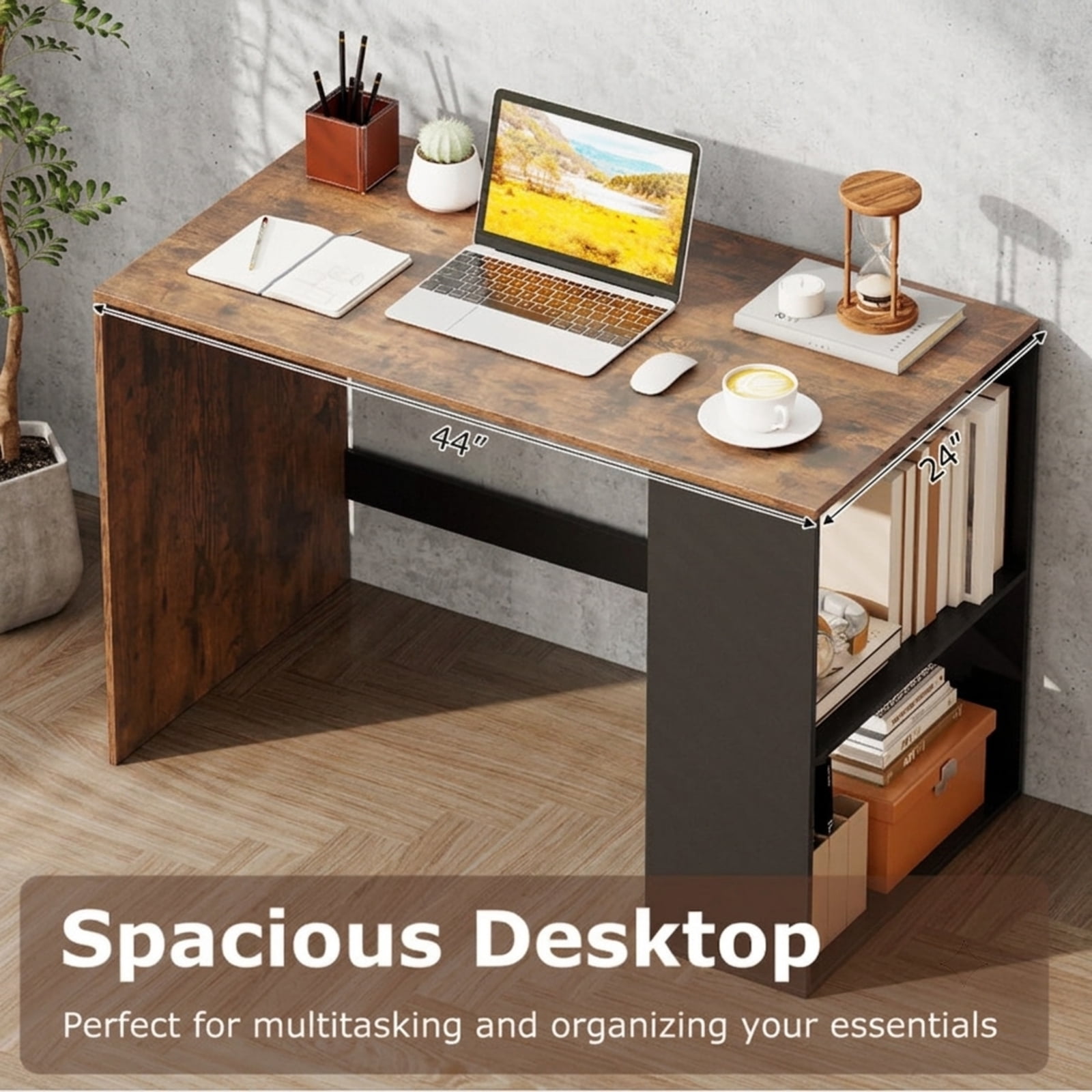 Furnibear 44 Inch Wooden Computer Desk with 2-Tier Bookshelf and Spacious Desktop Compact Home Office Workstation, Rustic Brown
