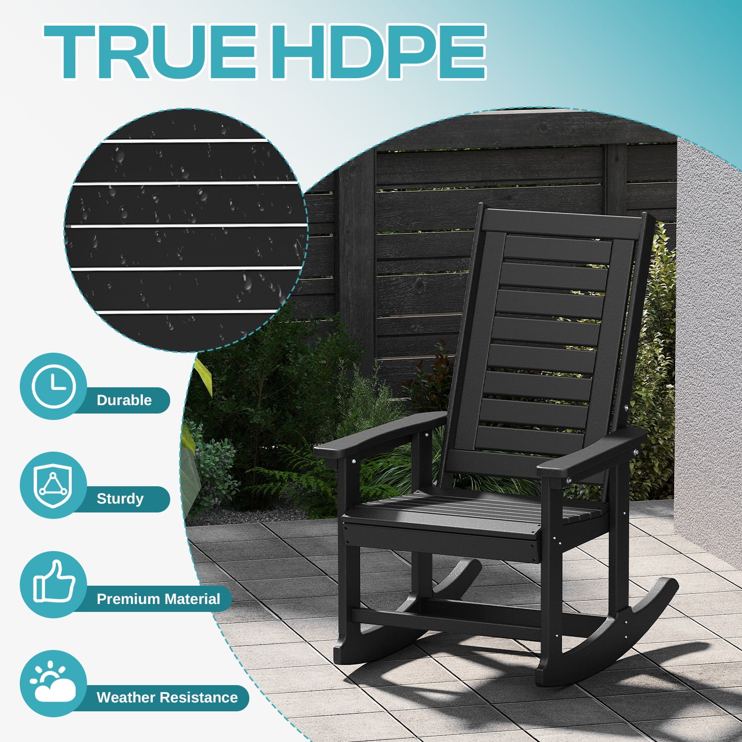 FODINGHILL Outdoor Rocking Chair Set of 2,HDPE Oversized Rocking Chair Outdoor,High Back Rocking Patio Chairs for Porch Garden Balcony,Black
