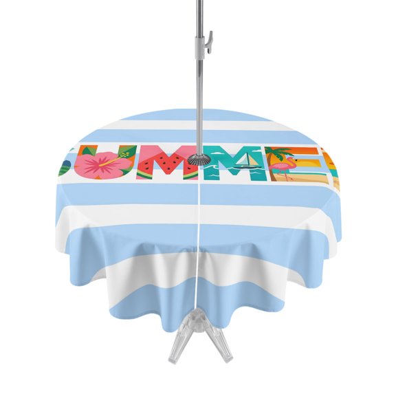 Outdoor Tablecloth with Umbrella Hole Zipper Summer Holiday Round Tablecloth 60" Waterproof Outside Table Cloth Tropical Ocean Palm Tree Fruits Blue Stripes Patio Table Cover Tablecloths for Picnic