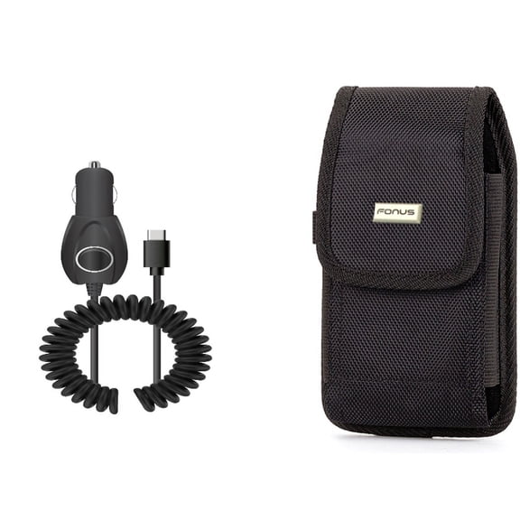 15W Car Charger & Case Belt Clip for iPhone 15 Pro Max - Type-C Power Adapter DC Socket and Rugged Holster Canvas Cover K6L for iPhone 15 Pro Max (6.7")