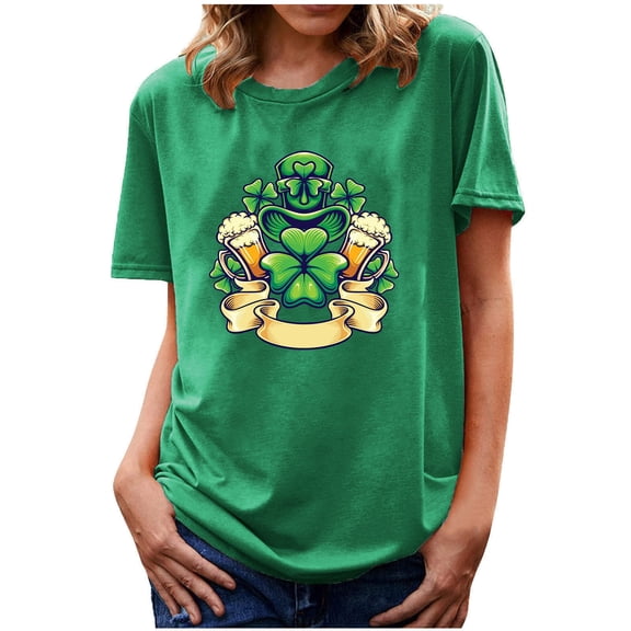 Guluxicc T-Shirts for Women Casual Crewneck Short Sleeve Shirt St Patrick Day Shamrock Graphic Printed Pullover Tops, L