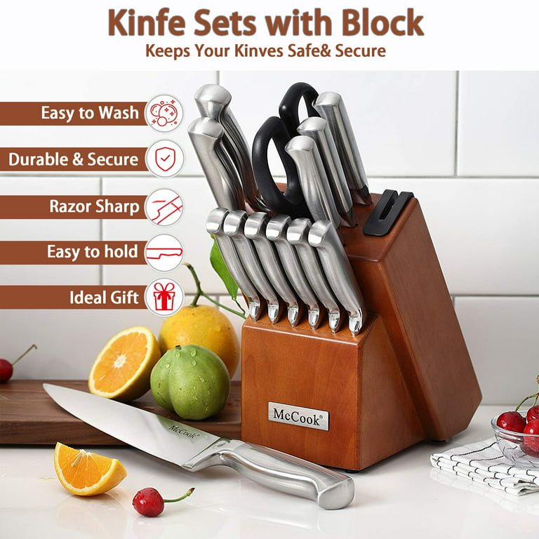 Knife Set, 15 Pieces Kitchen Knife Block Set with Built in Knife Sharpener  Block, Dishwasher Safe, German Stainless Steel, Best Gift, Silver