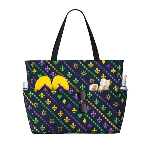 Bingfone Mardi Gras Strings of Beads Print Large Capacity Beach Travel Bag, Waterproof Tote Camping Bag, Zippered Grocery Bag, Multi-functional Shoulder Bag