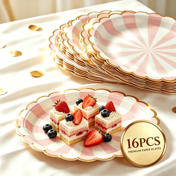 Disposable Paper Plates 7in - Gold Foil Striped Party Plates for Birthday Celebrations - Elegant Tableware for Appetizers Desserts and Main Courses - 16 Pack Sturdy Paperboard
