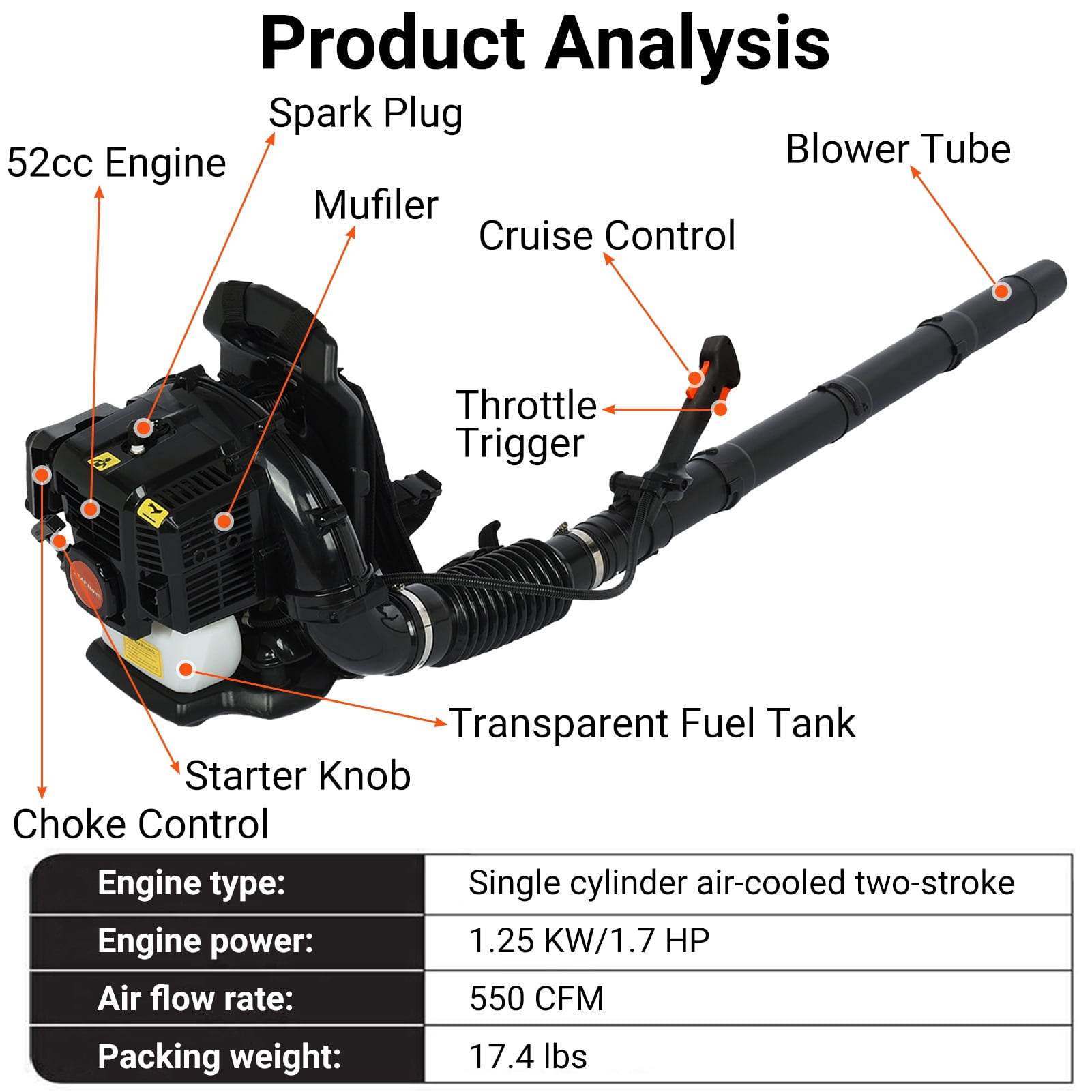 Nuoxin Backpack Leaf Blower, 52CC 550CFM Leaf Blower, 2 Stroke Gas Powered Leaf Blower, for Outdoor Yard Lawn Garden Blowing Leaves Snow and Dust