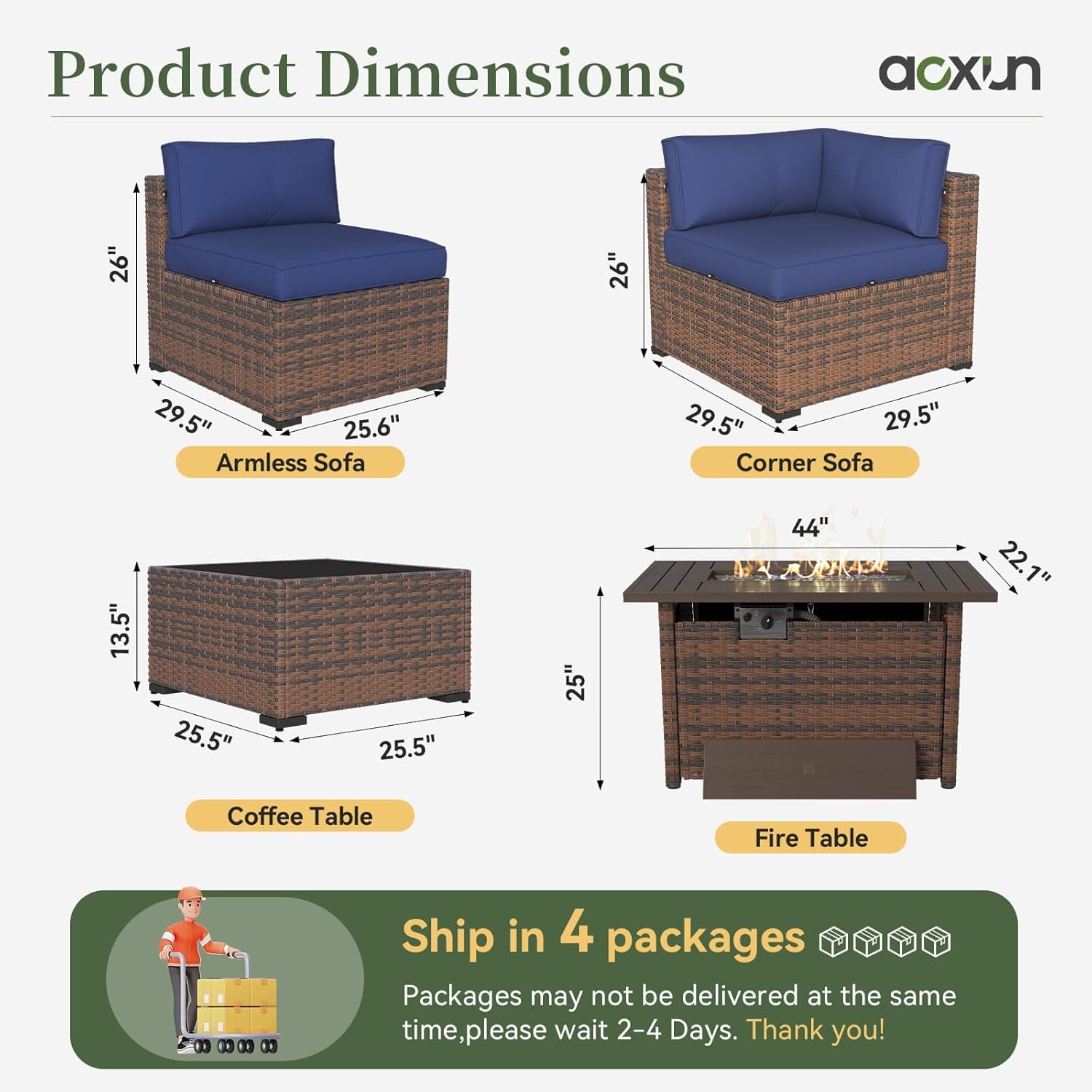 Aoxun 12 Piece Patio Furniture Set with 44” Fire Pit Table Wicker Rattan Outdoor Sectional Sofa Set with Coffee Table and 4” Thickened Cushions, Blue (Waterproof Cover Included)