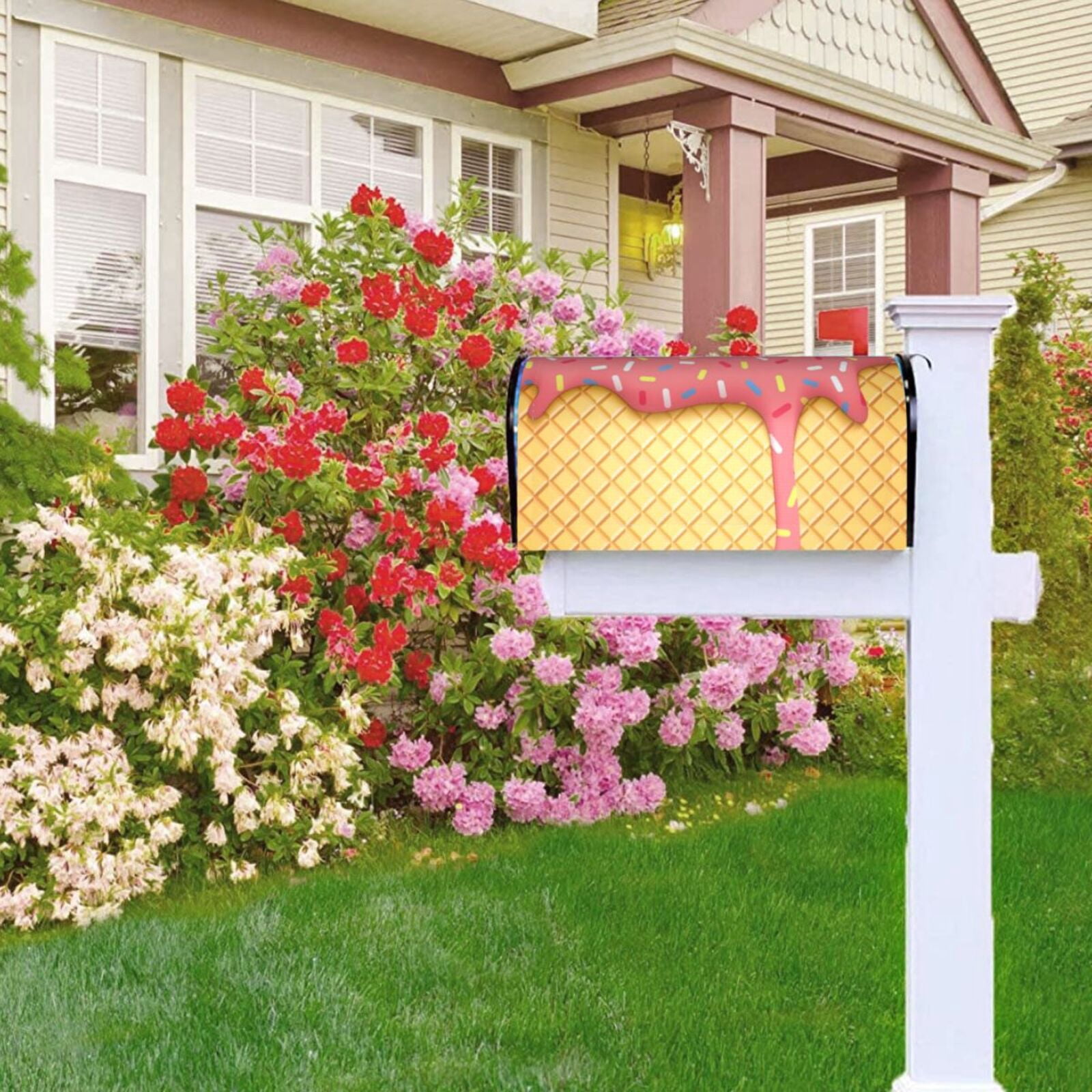 Gukieu Pink Ice Cream Print Magnetic Mailbox Cover, Sun-proof and Waterproof Home Yard Mailbox Cover-21x18 in