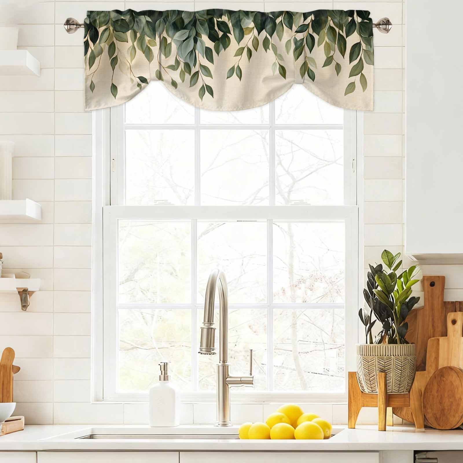 Leaf Tie Up Valance for Windows, Vintage Spring Dark Green Leaves Branch Plant Linen Texture Adjustable Rod Pocket Tie Up Valance Curtains Window Treatment for Kitchen Bathroom Bedroom 54 X 18 Inch