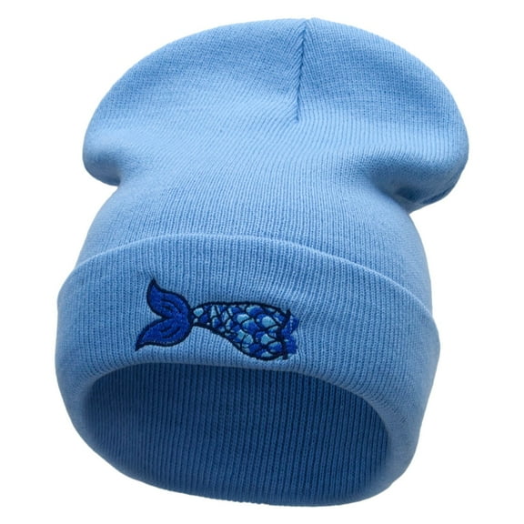 Mermaid Tail Embroidered 12 Inch Long Knitted Beanie - Sky Blue OSFM