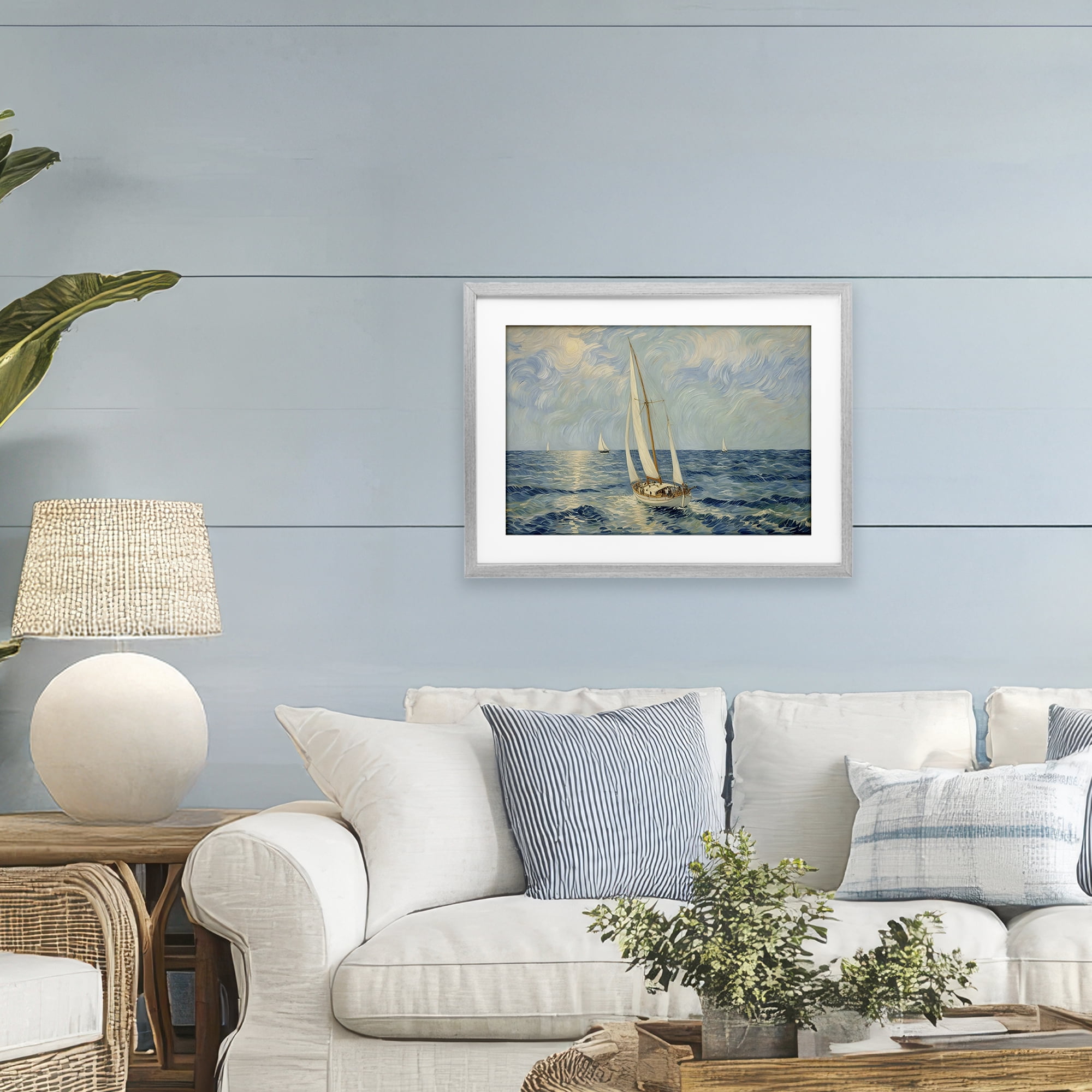 Stupell Industries Sailing Yacht on Blue Sea Gray Framed Print Under Glass, design by Angie Hawke