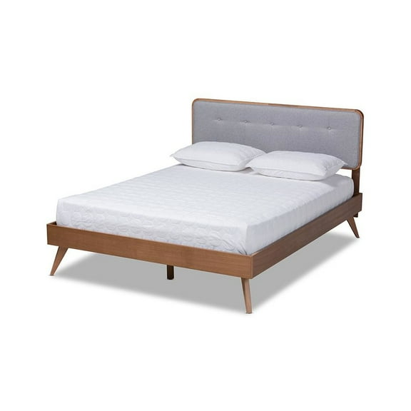 Baxton Studio Dilara Mid-Century Modern Light Grey Fabric Upholstered Walnut Brown Finished Wood Queen Size Platform Bed